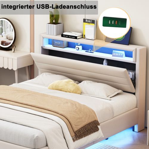 Lit Adulte 140x200 Cm Avec Prise USB Et Lumière LED, Tête De Lit De Rangement, Lin, Beige