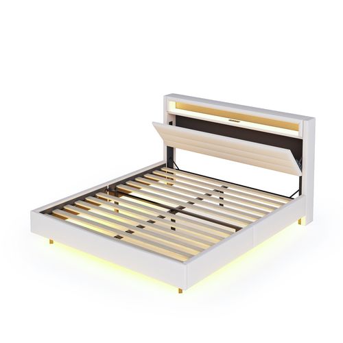 Lit Adulte 140x200 Cm Avec Prise USB Et Lumière LED, Tête De Lit De Rangement, Lin, Beige