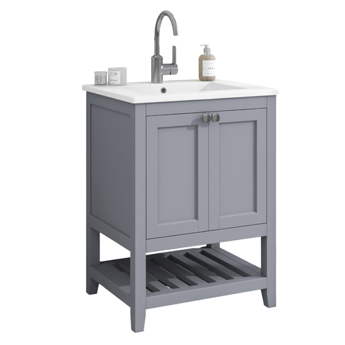 Meuble Lavabo Et Vasque 61x46x90 Cm Avec 2 Petites Portes, Espace De Rangement, En Mdf, Gris