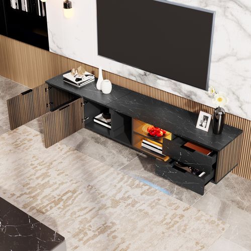 Meuble TV 200x38x50 cm Effet Marbre Noir et Bois, 2 Portes, 2 Tiroirs, LED, Pour TV 65", MDF