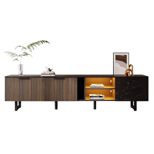 Meuble TV 200x38x50 cm Effet Marbre Noir et Bois, 2 Portes, 2 Tiroirs, LED, Pour TV 65", MDF