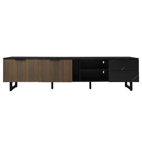 Meuble TV 200x38x50 cm Effet Marbre Noir et Bois, 2 Portes, 2 Tiroirs, LED, Pour TV 65", MDF