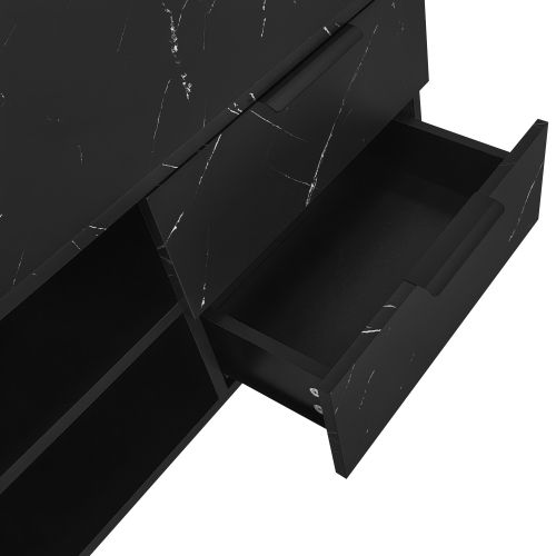 Meuble TV 200x38x50 cm Effet Marbre Noir et Bois, 2 Portes, 2 Tiroirs, LED, Pour TV 65", MDF