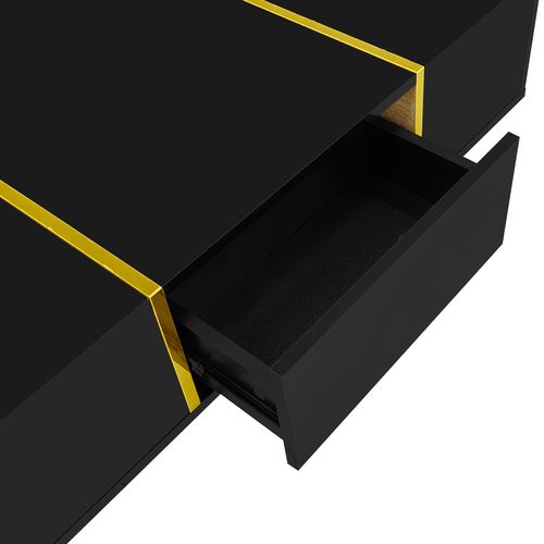 Table Basse 100x60x41,5 Cm, Deux Tiroirs, Pieds Dorés, Noir Brillant