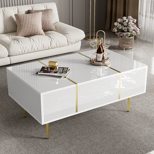 Table Basse 100x60x41,5 Cm, Deux Tiroirs, Pieds Dorés, Blanc Brillant