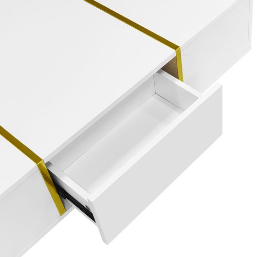 Table Basse 100x60x41,5 Cm, Deux Tiroirs, Pieds Dorés, Blanc Brillant