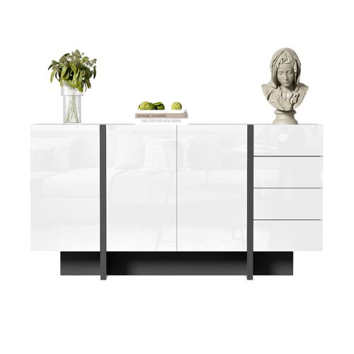 Buffet 150x40x80,5 Cm Avec 4 Tiroirs, 3 Portes, Espace De Rangement, En Mdf, Blanc Et Noir