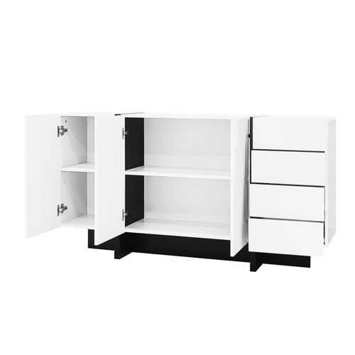 Buffet 150x40x80,5 Cm Avec 4 Tiroirs, 3 Portes, Espace De Rangement, En Mdf, Blanc Et Noir