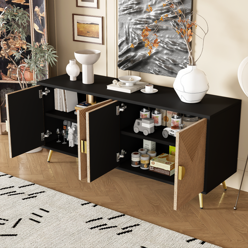 Buffet Moderne 160x40x75 Cm Avec 4 Portes, Poignée Dorée, Pieds En Métal, Mdf, Couleur Bois + Noir