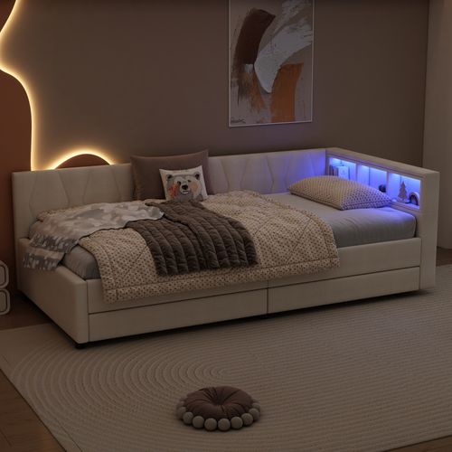Lit Enfant 90x200cm, Canapé-lit Avec Lumières LED Et Interfaces USB + Type-c, 2 Tiroirs, Beige