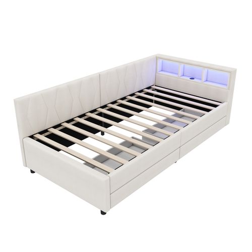 Lit Enfant 90x200cm, Canapé-lit Avec Lumières LED Et Interfaces USB + Type-c, 2 Tiroirs, Beige