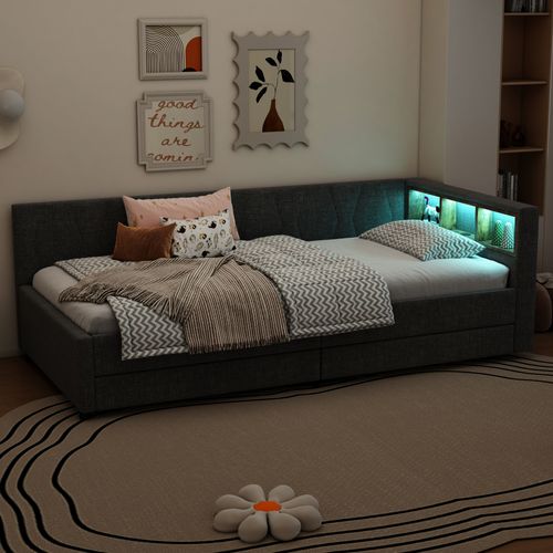 Lit Enfant 90x200cm, Canapé-lit Avec Lumières LED Et Interfaces USB + Type-c, 2 Tiroirs, Gris