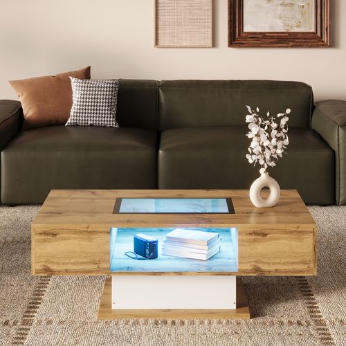 Table Basse LED 110×60×39.7 cm avec Verre, 2 Tiroirs, panneaux particules, Chêne Naturel