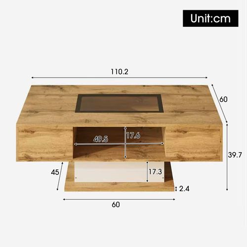 Table Basse LED 110×60×39.7 cm avec Verre, 2 Tiroirs, panneaux particules, Chêne Naturel
