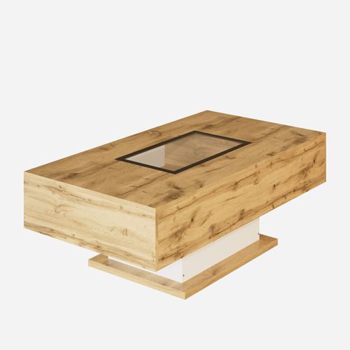 Table Basse LED 110×60×39.7 cm avec Verre, 2 Tiroirs, panneaux particules, Chêne Naturel