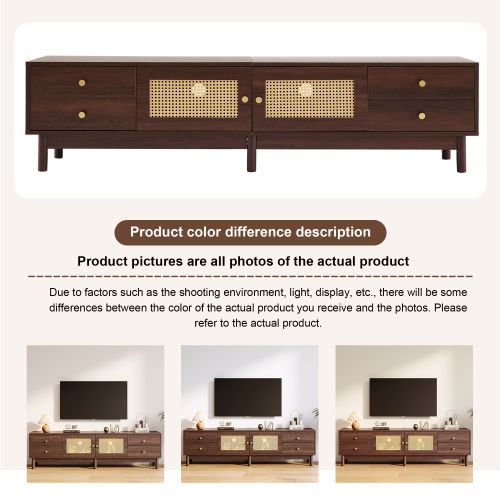 Meuble TV 180x35x44 cm Bois Foncé, 2 Portes Rotin, 4 Tiroirs, Pour TV 80"