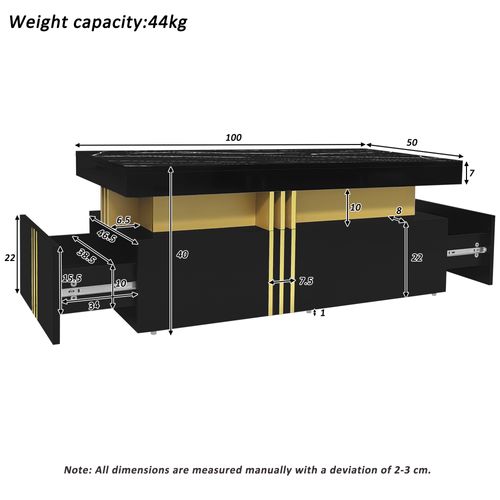 Table basse noire 100×50×40 cm, plateau haut brillant marbré avec bordure dorée et 2 tiroirs, MDF