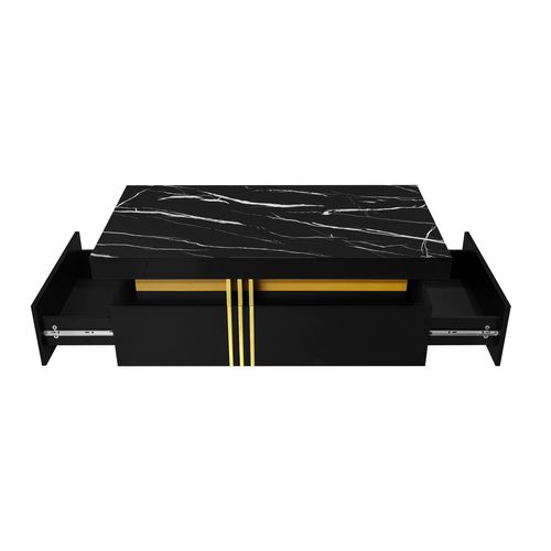 Table basse noire 100×50×40 cm, plateau haut brillant marbré avec bordure dorée et 2 tiroirs, MDF