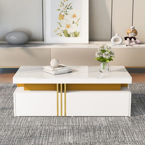 Table Basse 100x50x40cm Rectangulaire 2 Tiroirs Plateau Marbré Panneaux De Particules Blanc