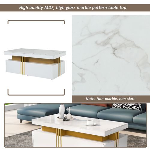 Table Basse 100x50x40cm Rectangulaire 2 Tiroirs Plateau Marbré Panneaux De Particules Blanc