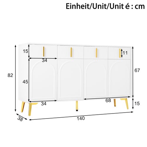 Buffet 140x38x82 Cm Avec 4 Tiroirs, 4 Portes, Poignées, Pieds Dorés, En Mdf, Blanc