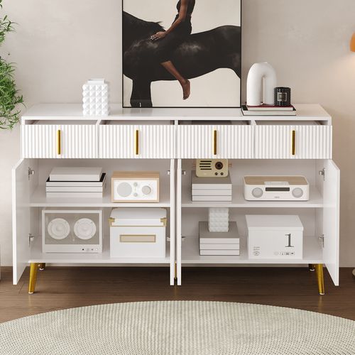 Buffet 140x38x82 Cm Avec 4 Tiroirs, 4 Portes, Poignées, Pieds Dorés, En Mdf, Blanc