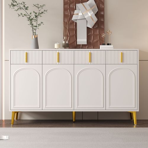 Buffet 140x38x82 Cm Avec 4 Tiroirs, 4 Portes, Poignées, Pieds Dorés, En Mdf, Blanc