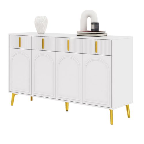 Buffet 140x38x82 Cm Avec 4 Tiroirs, 4 Portes, Poignées, Pieds Dorés, En Mdf, Blanc