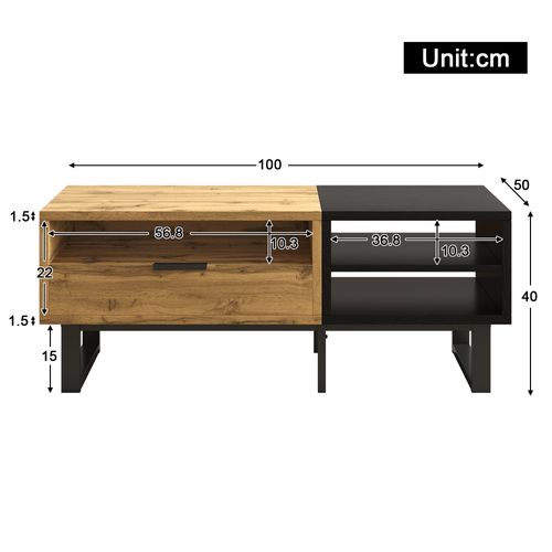 Table Basse 100x50x40cm, 1 Tiroir, 3 Espaces De Rangement Ouverts, Couleur Bois + Noir.