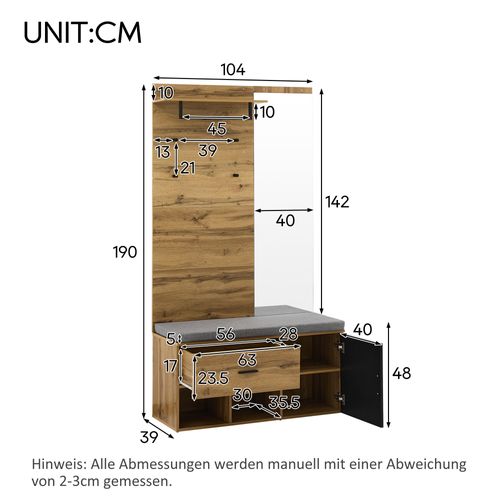 Vestiaire 104x39x190 Cm, Meuble à Chaussures, Tiroir, Crochets, Miroir, Panneaux Particules, Bois