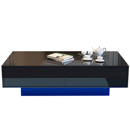 Table Basse LED 115×55×34 Cm Noir Brillant En Panneaux De Particules Avec 2 Tiroirs Rangement