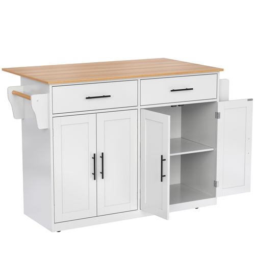 Îlot De Cuisine Mobile 120x46/71x91,5 Cm, 2 Tiroirs, 4 Portes, Plateau Rabattable, Mdf, Blanc