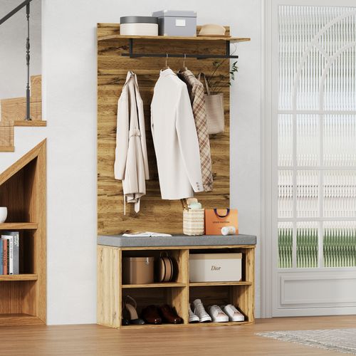 Vestiaire 84x37x175 Cm Avec Banc à Chaussures, Étagères, Espace De Rangement, Mdf, Marron