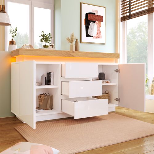 Buffet LED 140x39x81 Cm Avec 3 Tiroirs, 2 Portes Et Étagères Réglables, Mdf, Blanc