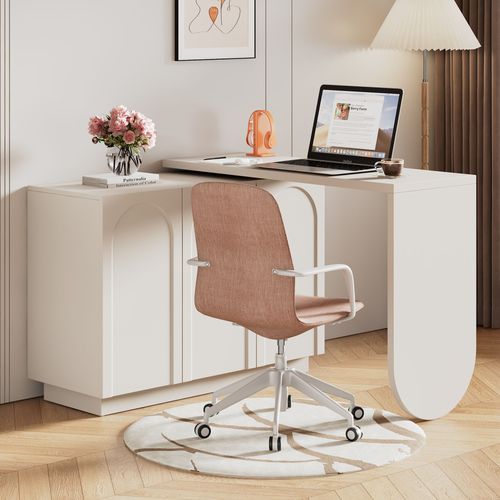 Bureau D'angle Pivotant à 360° 170x38.5x75 Cm Avec 3 Portes, Étagères, En Mdf, Blanc