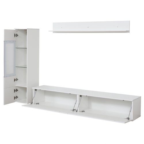 Ensemble Meuble TV Mural Avec Casier, Vitrine, Étagère Murale Et LED, Panneaux Particules, Blanc