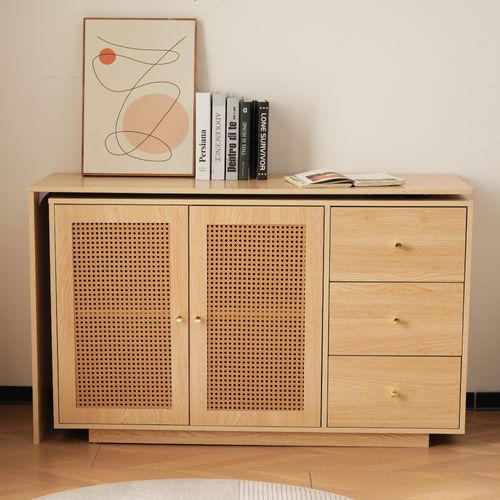 Bureau D'angle L 126x40x75 Cm Avec 3 Tiroirs, 2 Portes, Étagères Réglables, En Mdf, Bois Naturel