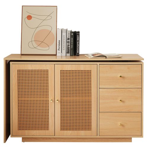 Bureau D'angle L 126x40x75 Cm Avec 3 Tiroirs, 2 Portes, Étagères Réglables, En Mdf, Bois Naturel