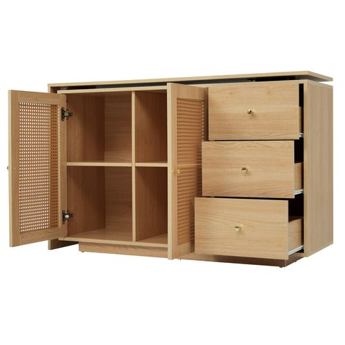 Bureau D'angle L 126x40x75 Cm Avec 3 Tiroirs, 2 Portes, Étagères Réglables, En Mdf, Bois Naturel