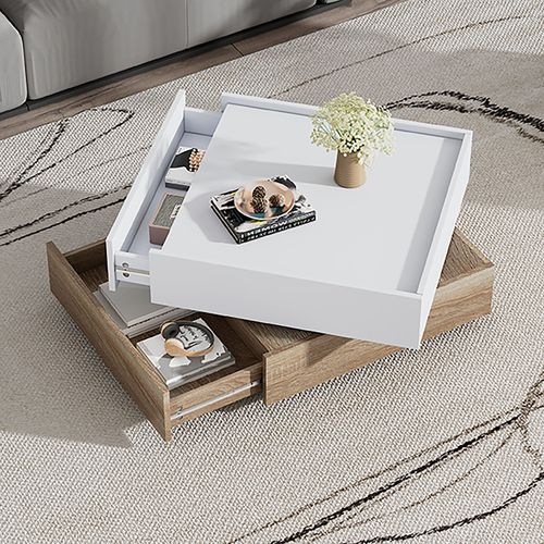 Table Basse Rotative 360° 60×60×38 cm avec 2 Tiroirs, Panneaux Particules Blanc et Noyer