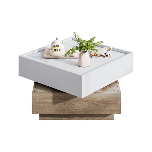 Table Basse Rotative 360° 60×60×38 cm avec 2 Tiroirs, Panneaux Particules Blanc et Noyer