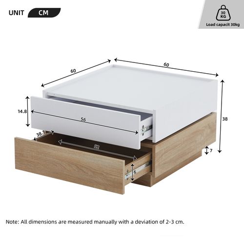 Table Basse Rotative 360° 60×60×38 cm avec 2 Tiroirs, Panneaux Particules Blanc et Noyer
