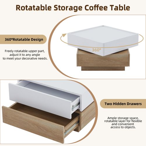 Table Basse Rotative 360° 60×60×38 cm avec 2 Tiroirs, Panneaux Particules Blanc et Noyer