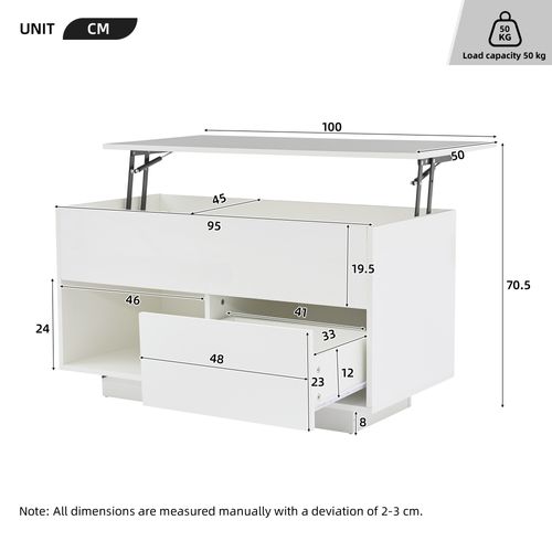 Table Basse Rectangulaire Relevable 100x50x55/70,5 Cm Avec 1 Tiroir, LED, Rangement, Blanc