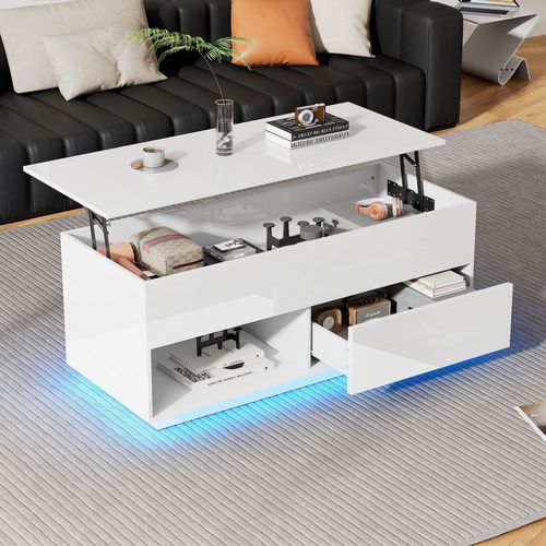 Table Basse Rectangulaire Relevable 100x50x55/70,5 Cm Avec 1 Tiroir, LED, Rangement, Blanc