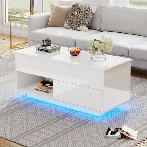 Table Basse Rectangulaire Relevable 100x50x55/70,5 Cm Avec 1 Tiroir, LED, Rangement, Blanc