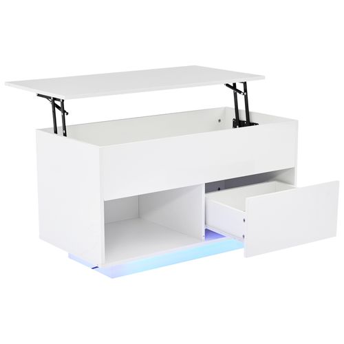 Table Basse Rectangulaire Relevable 100x50x55/70,5 Cm Avec 1 Tiroir, LED, Rangement, Blanc
