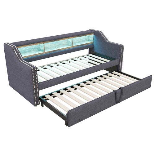 Lit Gigogne 90x190cm Convertible 180x190cm, Rangements + USB, Revêtement Lin, Gris Foncé