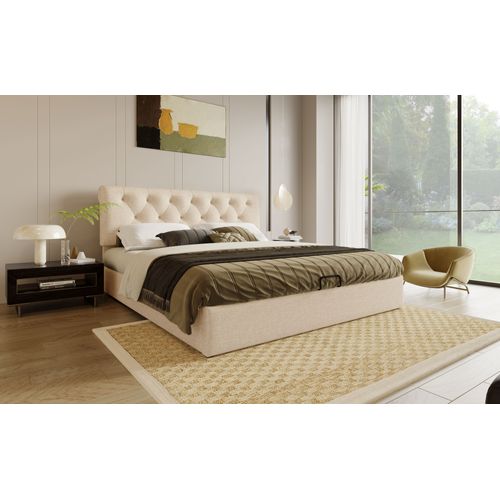 Lit Coffre Adulte 160x200 Cm, Lit 2 Places Avec Rangement, Lin, Couleur Naturel