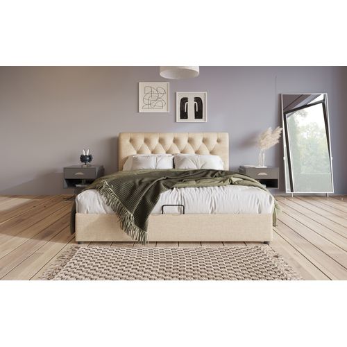 Lit Coffre Adulte 160x200 Cm, Lit 2 Places Avec Rangement, Lin, Couleur Naturel